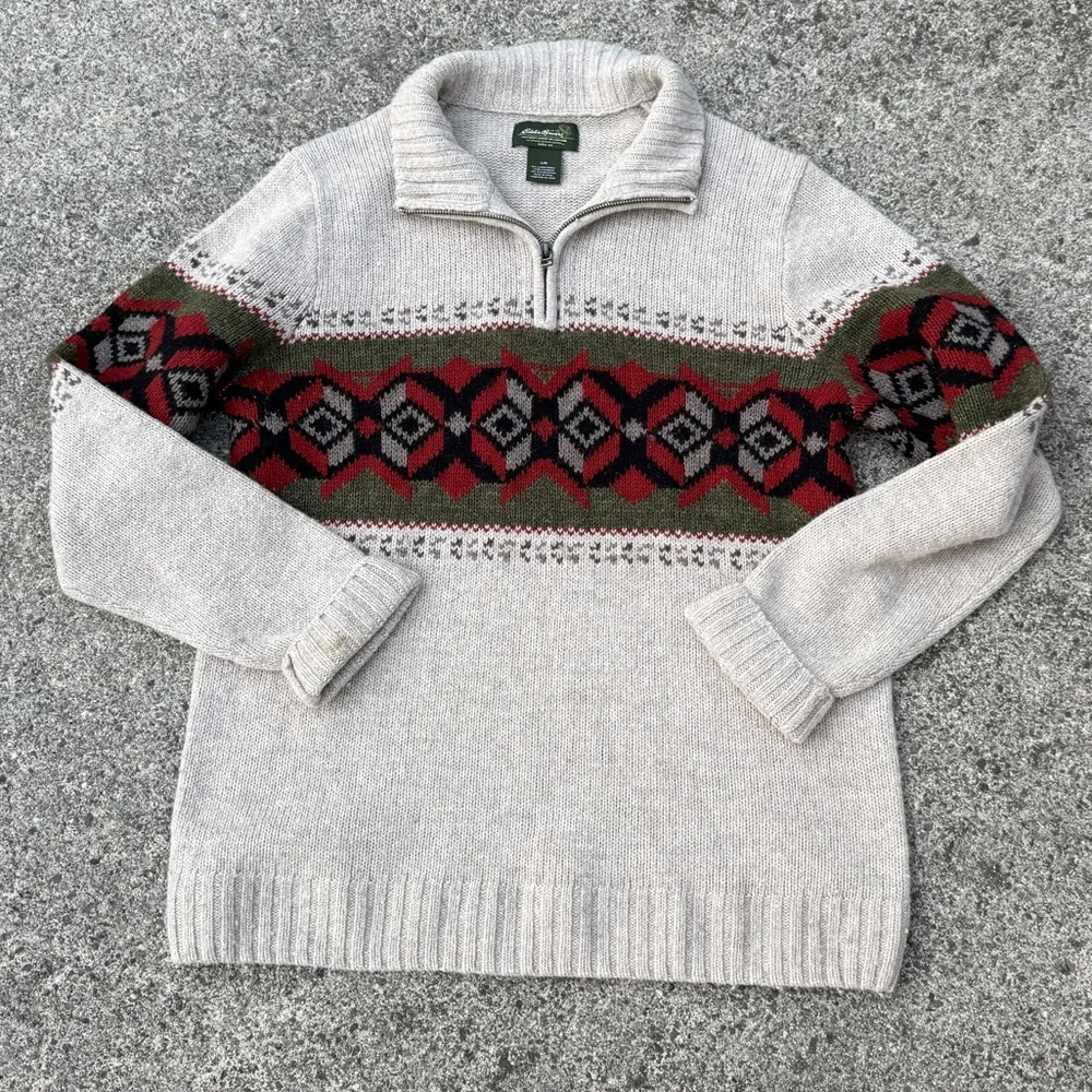 Eddie Bauer Cream Quarter-Zip Wool Blend Sweater - Unisex Size L